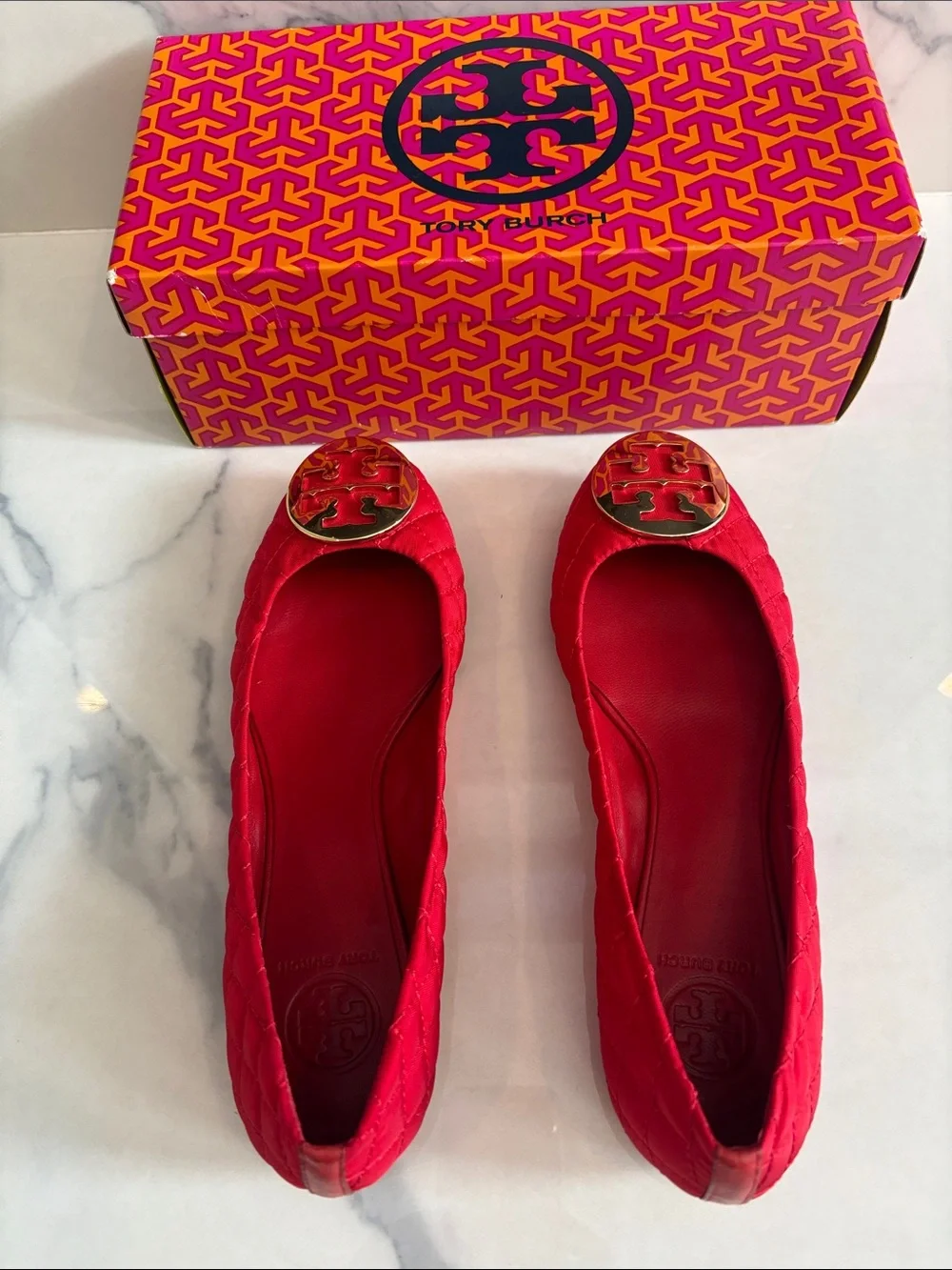 Tory Burch Bright Red Quilted Logo Flats with Gold Emblem
